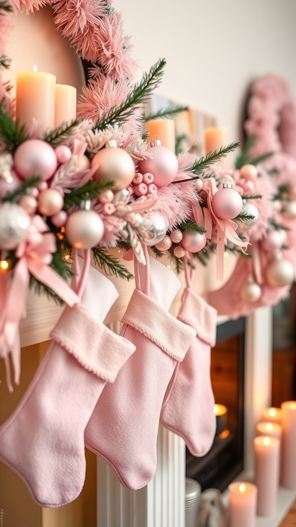 A pink-themed Christmas mantle with stockings, ornaments, and garlands, set in a cozy living room.